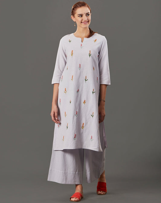 MAUVE EMBROIDERED COTTON LINEN KURTA WITH PALAZZO