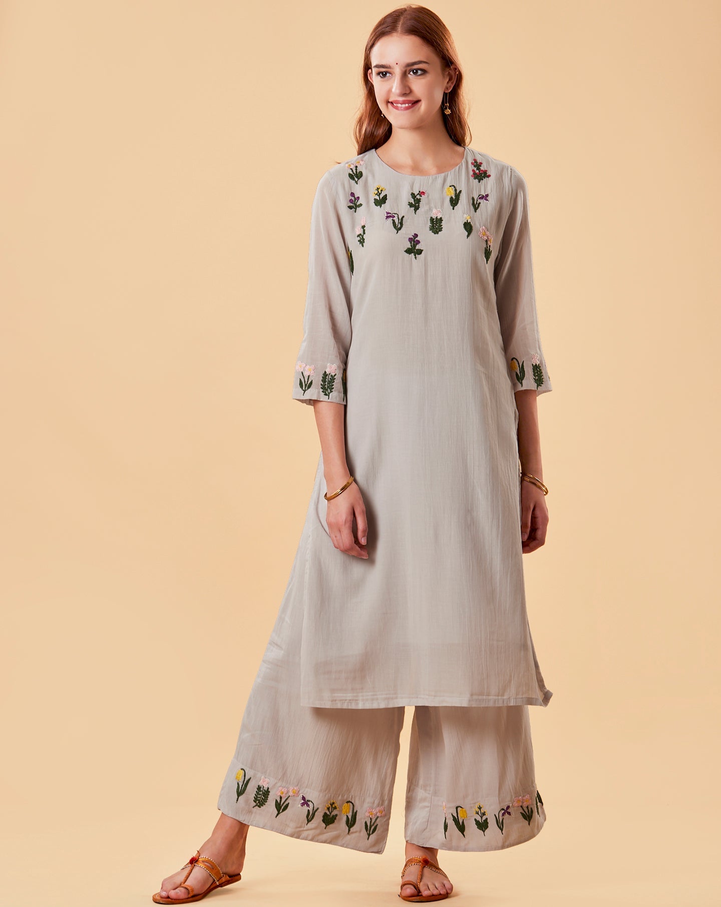 GREY EMBROIDERED COTTON SILK KURTA WITH PALAZZO