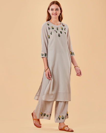 GREY EMBROIDERED COTTON SILK KURTA WITH PALAZZO