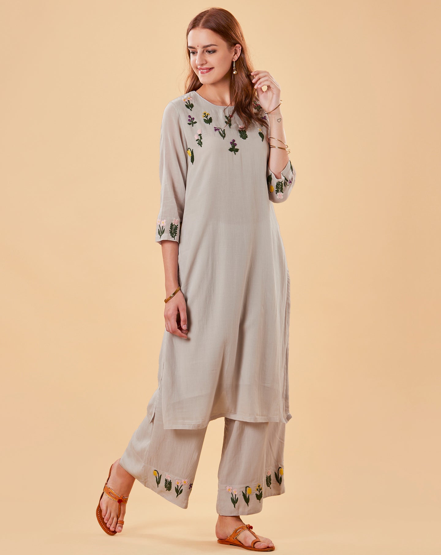 GREY EMBROIDERED COTTON SILK KURTA WITH PALAZZO