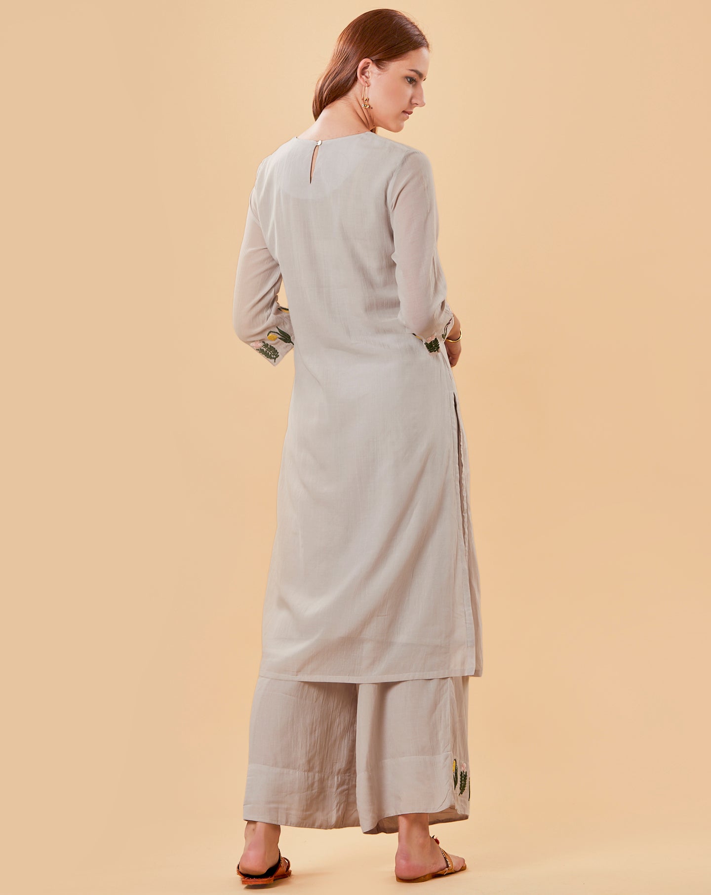 GREY EMBROIDERED COTTON SILK KURTA WITH PALAZZO