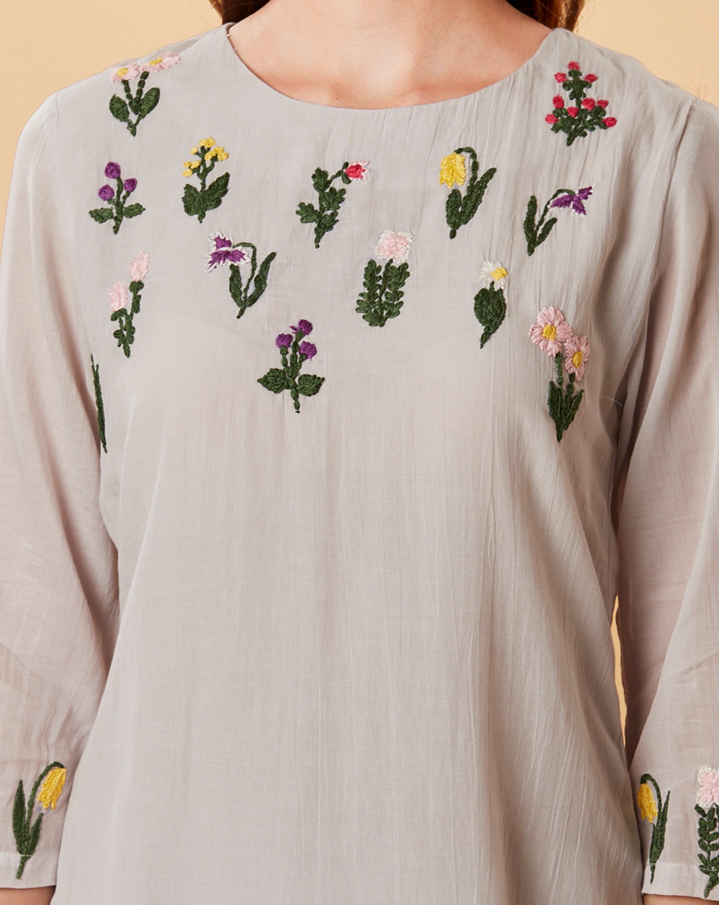 GREY EMBROIDERED COTTON SILK KURTA WITH PALAZZO