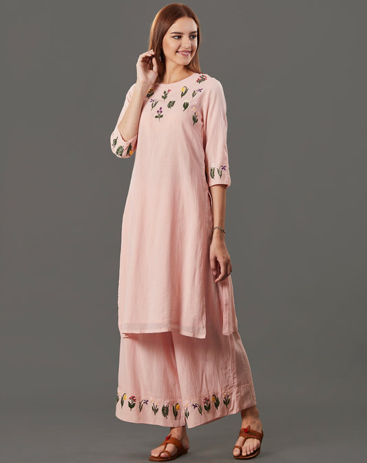 PEACH EMBROIDERED COTTON SILK KURTA WITH PALAZZO
