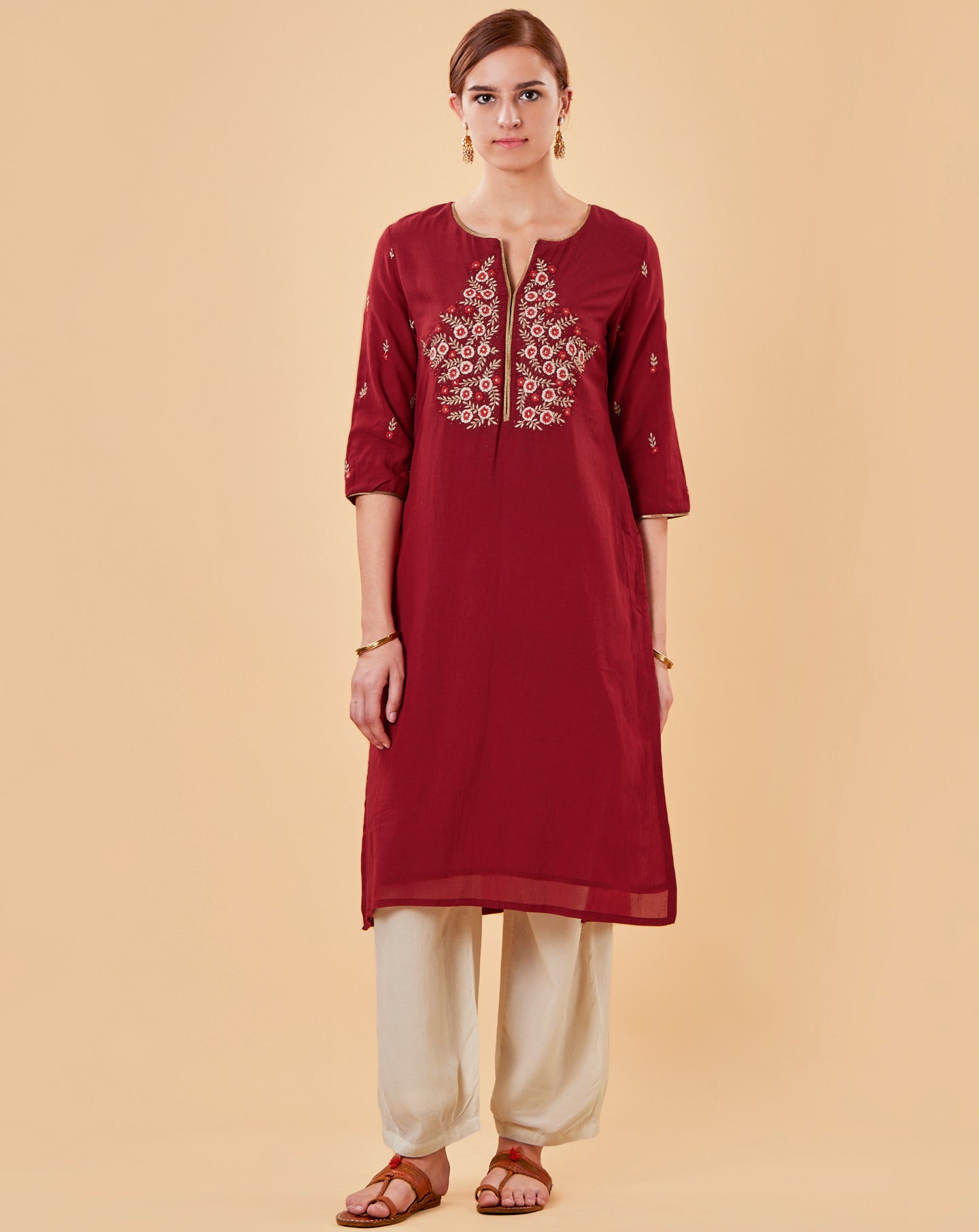 RED EMBROIDERED COTTON SILK KURTA WITH IVORY PANTS