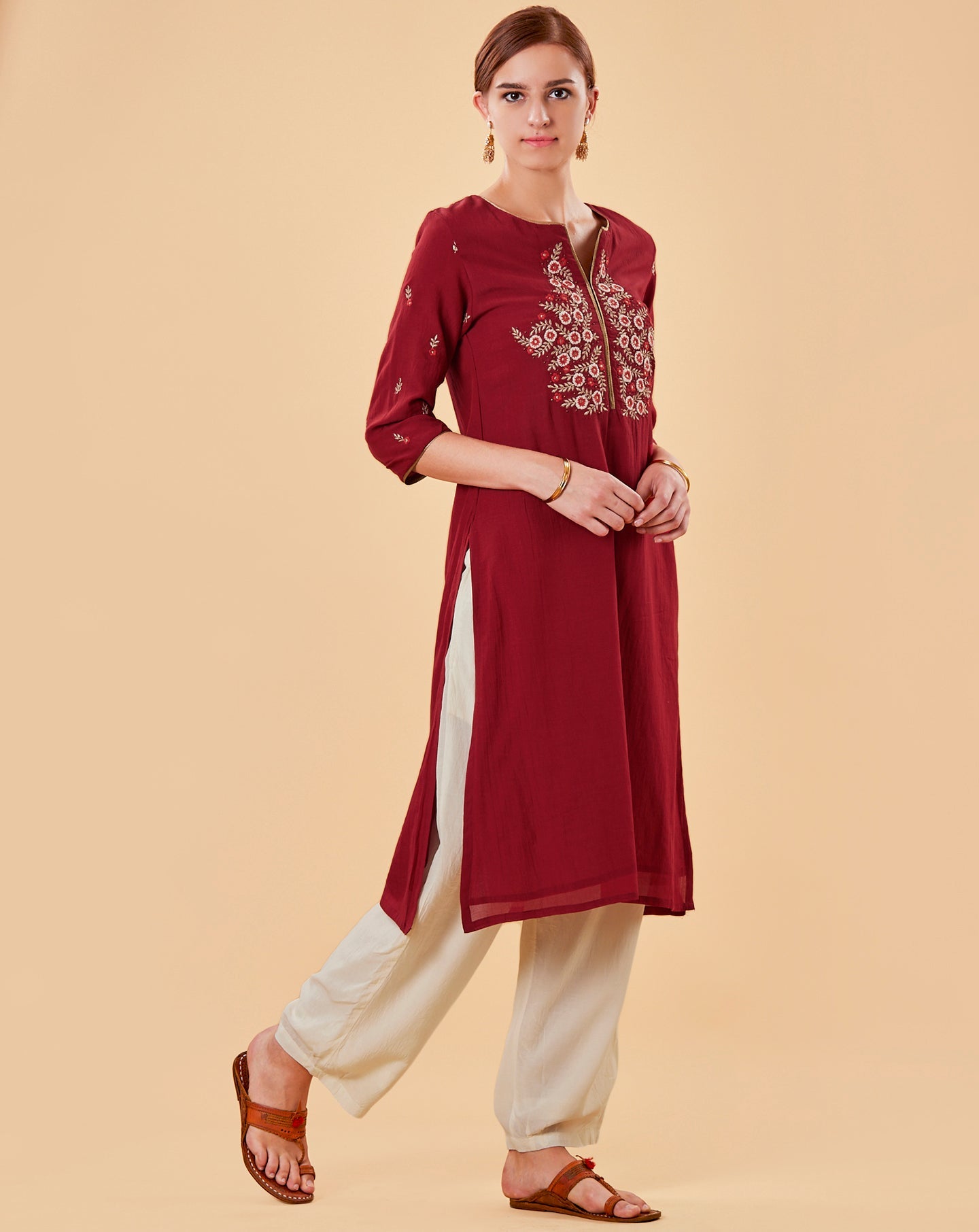 RED EMBROIDERED COTTON SILK KURTA WITH IVORY PANTS