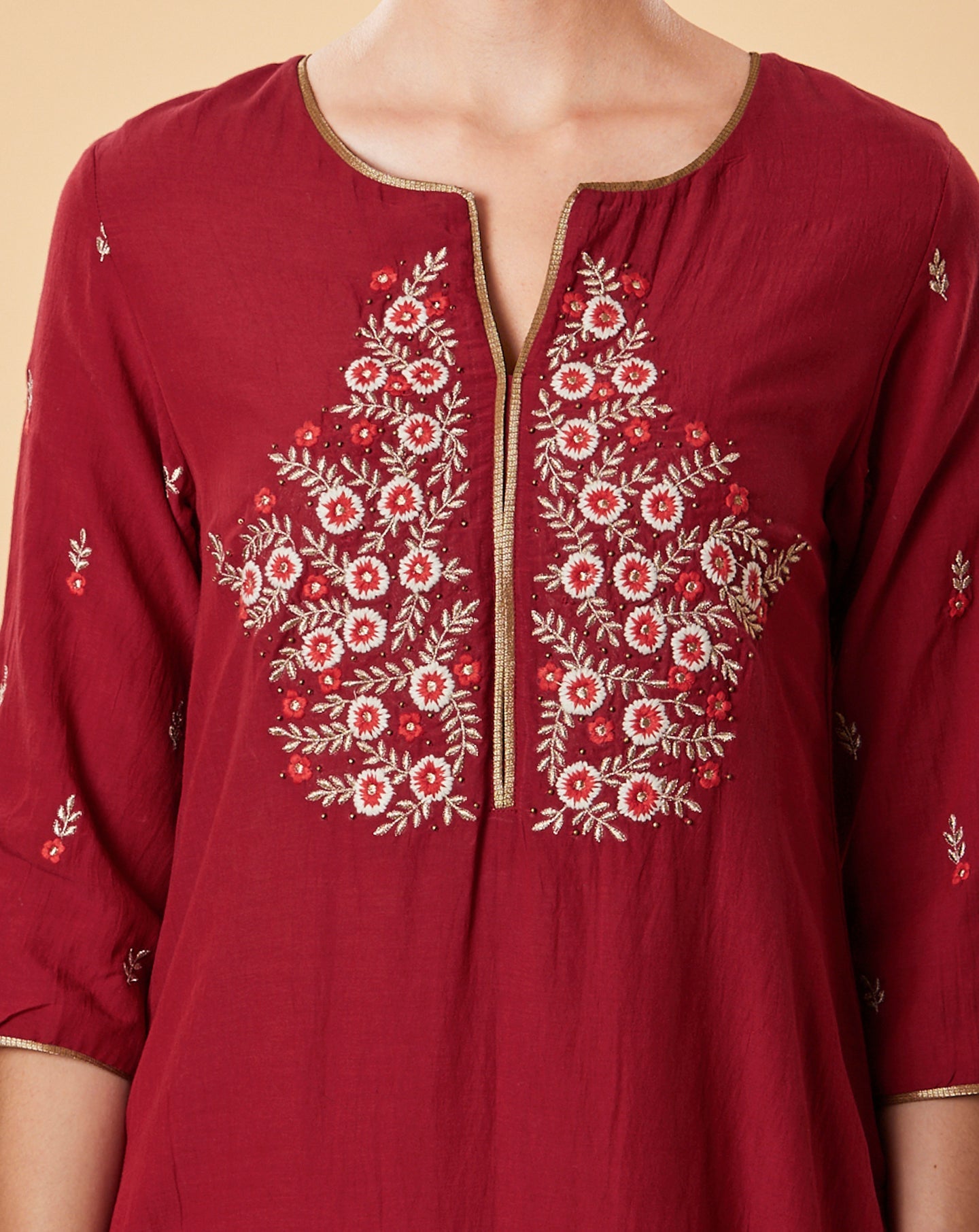 RED EMBROIDERED COTTON SILK KURTA WITH IVORY PANTS