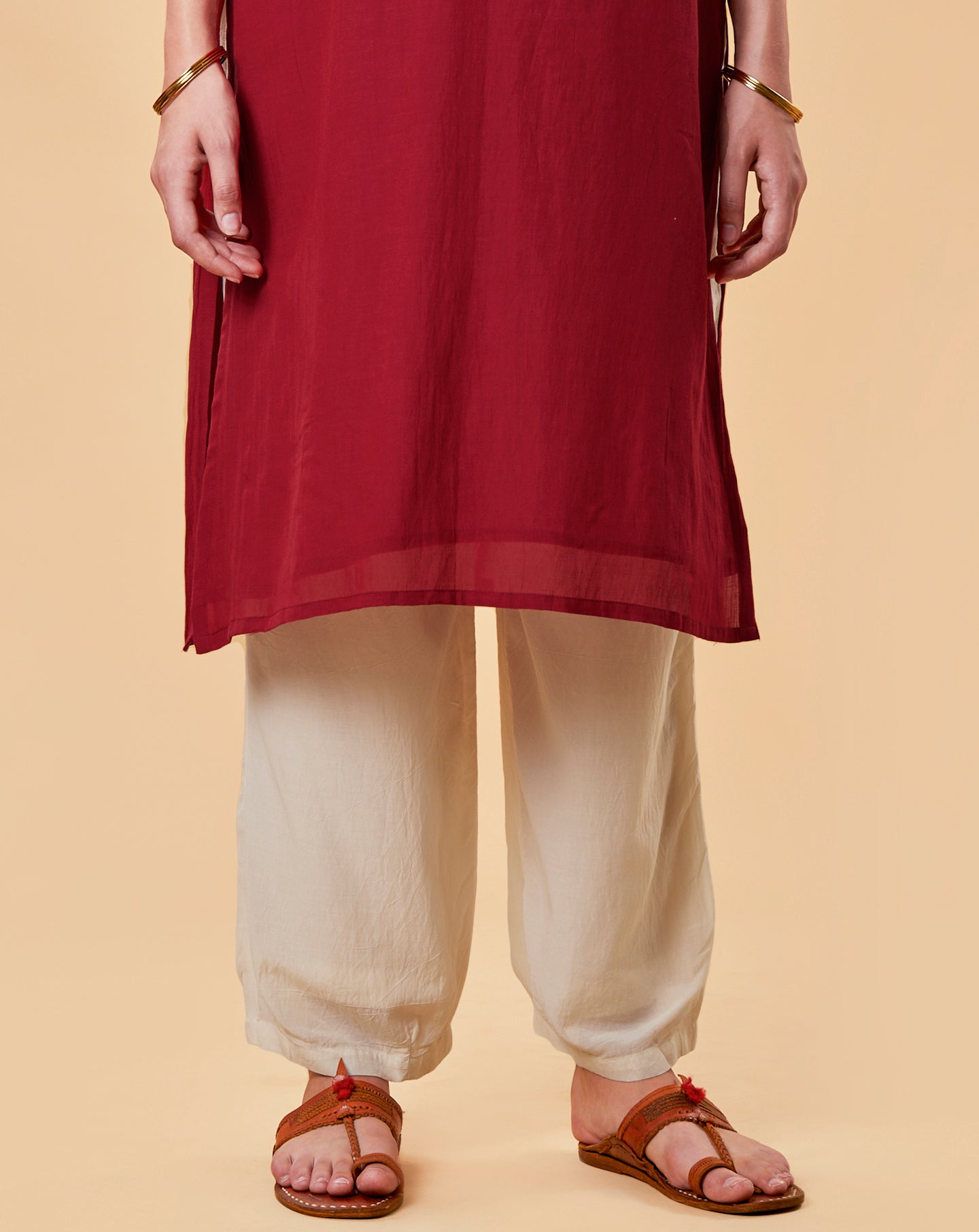 RED EMBROIDERED COTTON SILK KURTA WITH IVORY PANTS