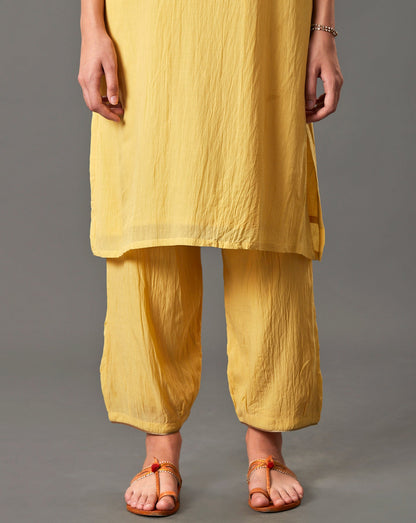 YELLOW EMBROIDERED COTTON SILK KURTA WITH PANTS