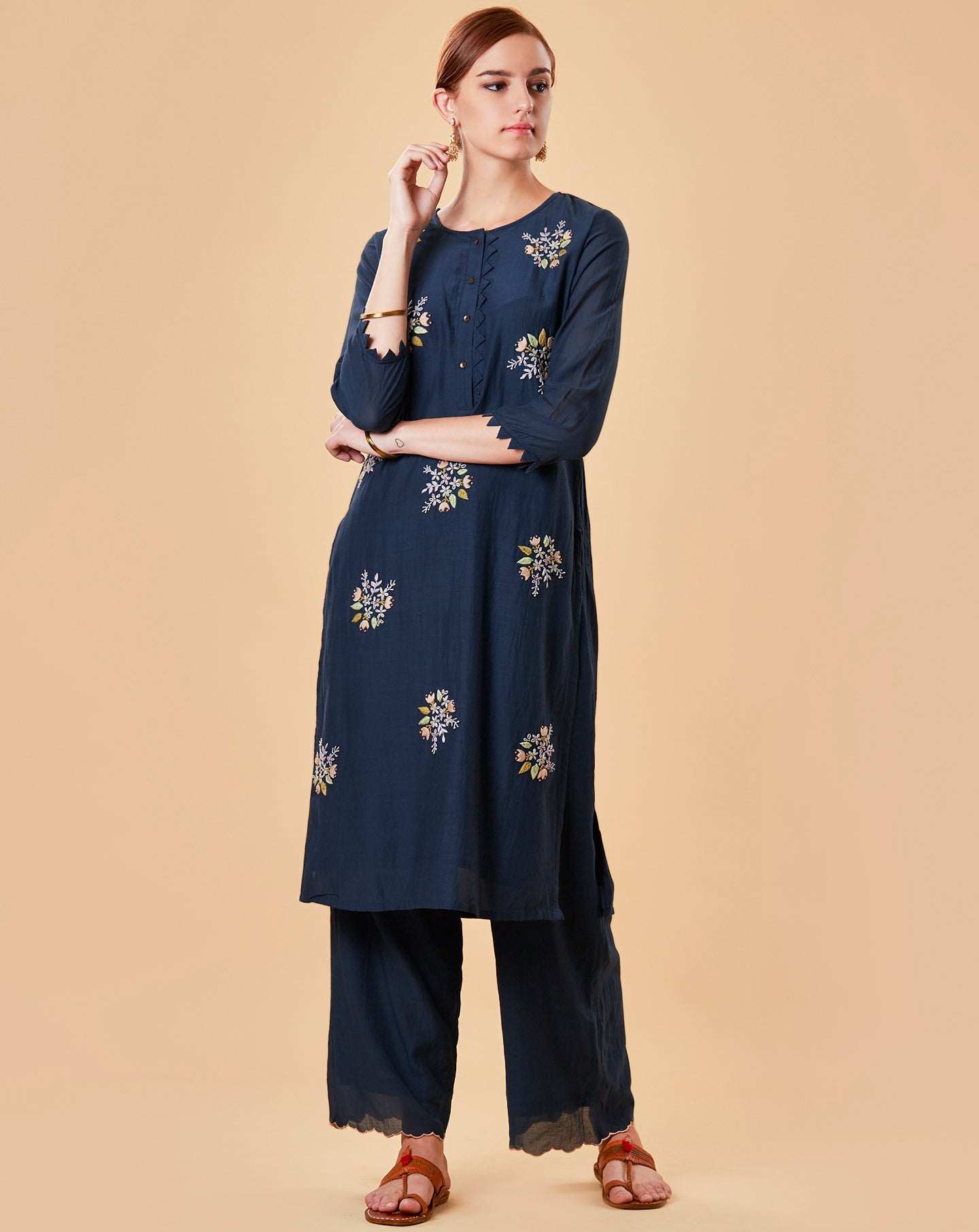 NAVY BLUE EMBROIDERED COTTON SILK KURTA WITH PANTS