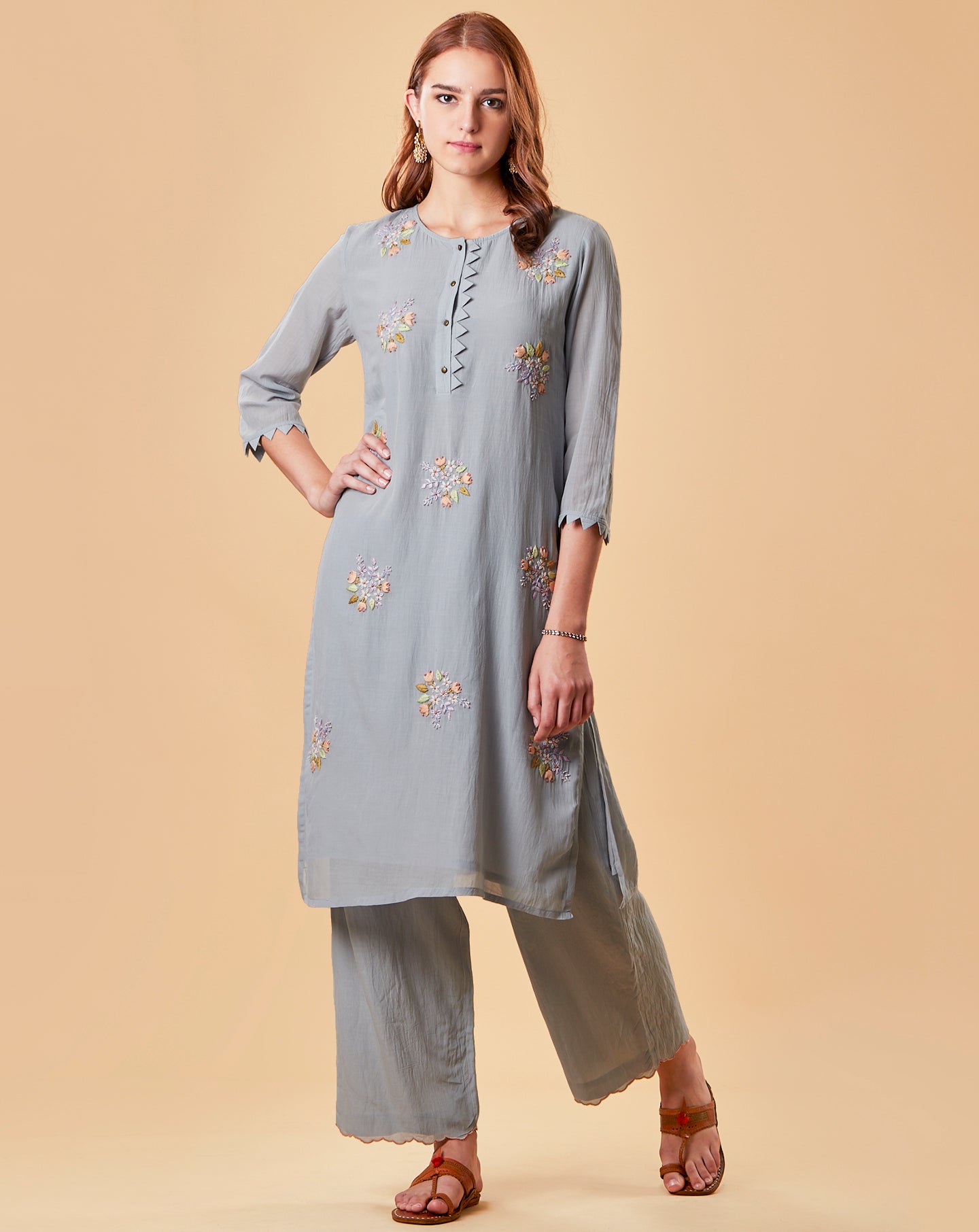 POWDER BLUE EMBROIDERED COTTON SILK KURTA WITH PANTS