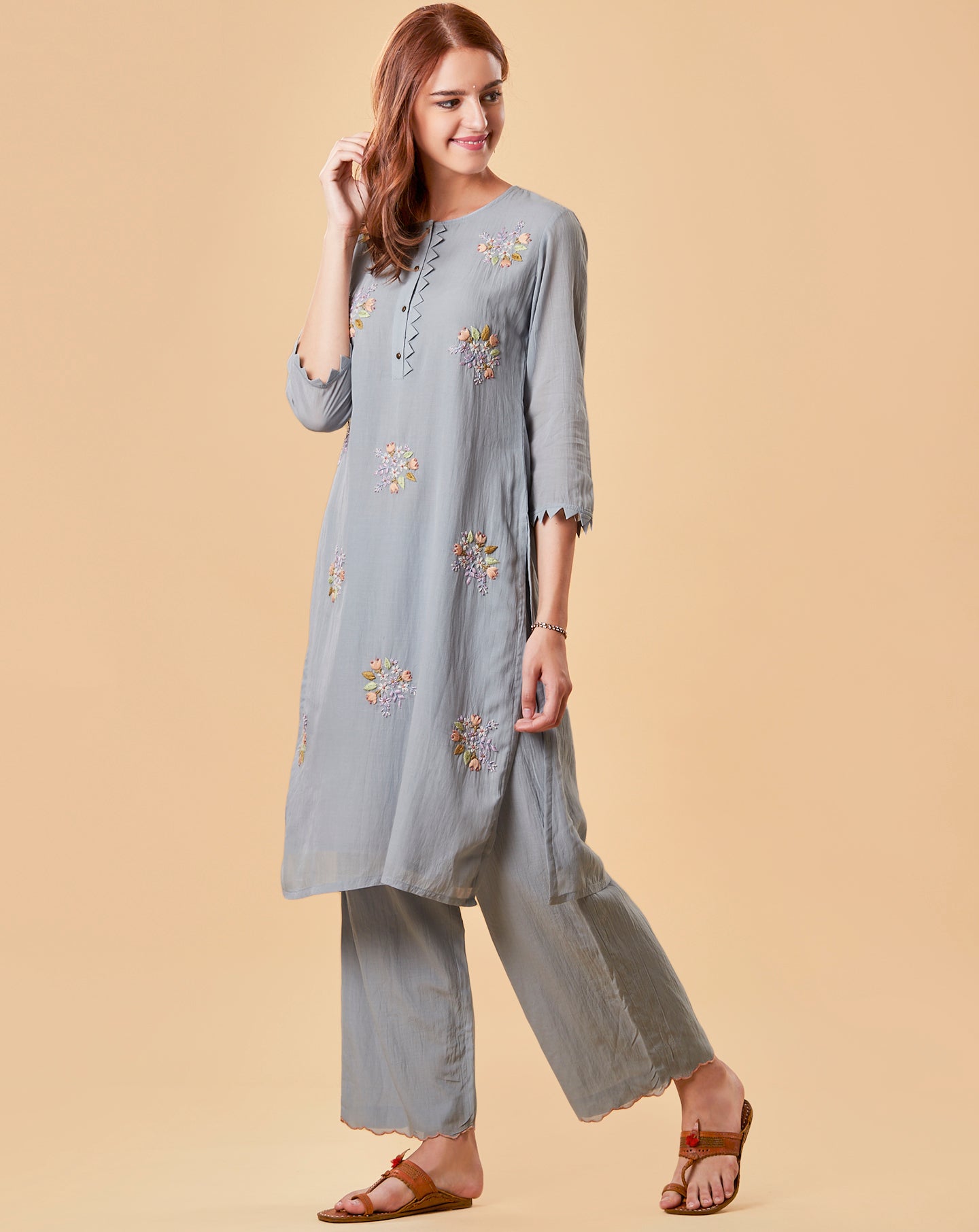 POWDER BLUE EMBROIDERED COTTON SILK KURTA WITH PANTS