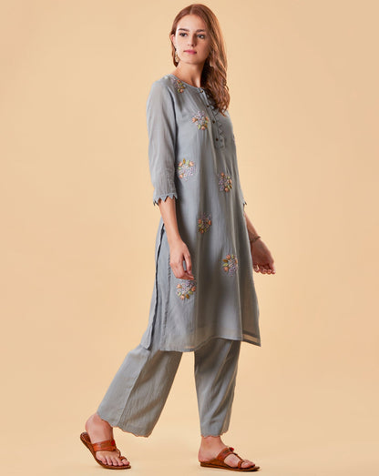 POWDER BLUE EMBROIDERED COTTON SILK KURTA WITH PANTS