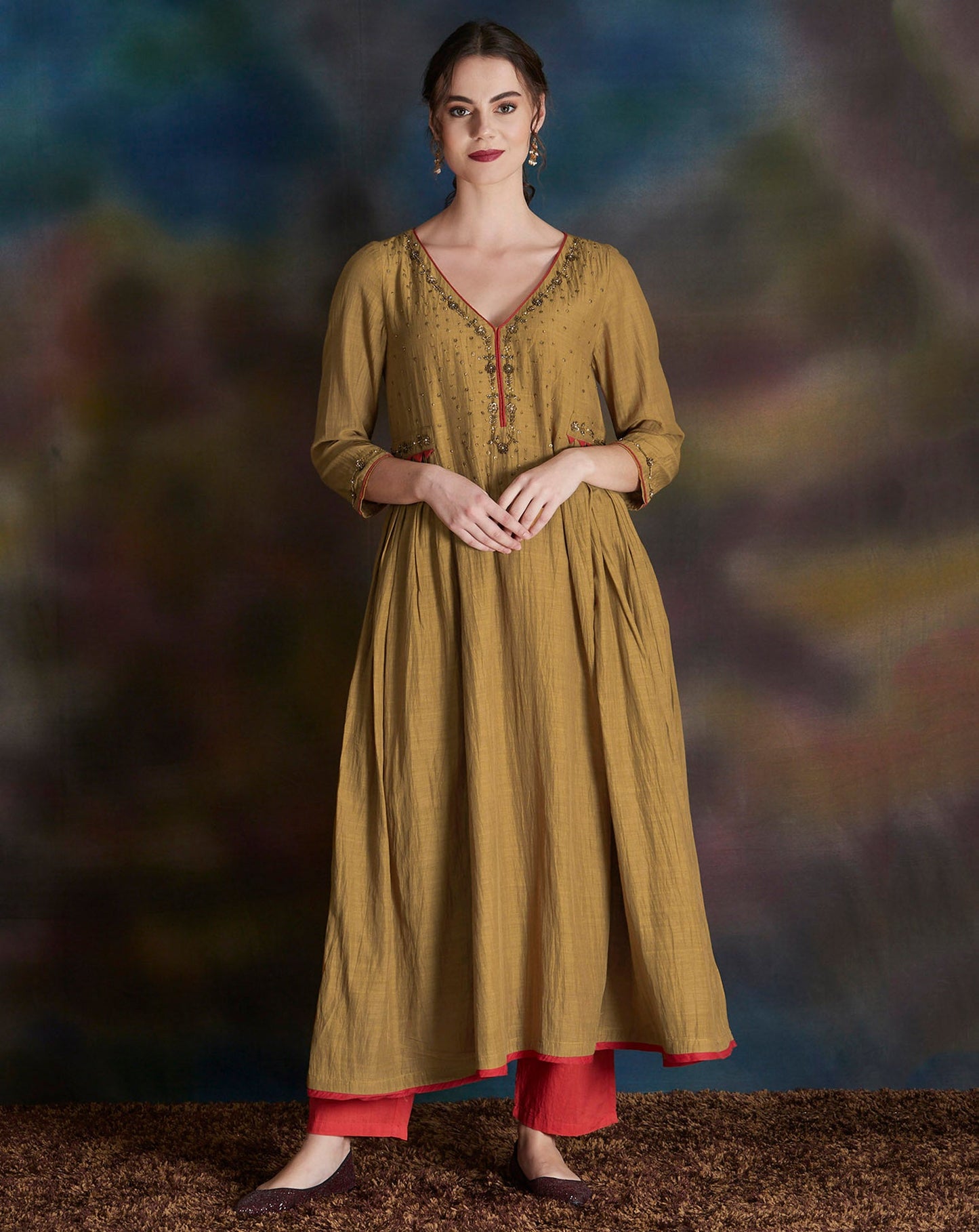 MUSTARD YELLOW EMBELLISHED COTTON SILK ANARKALI KURTA WITH CAMBRIC COTTON PANTS