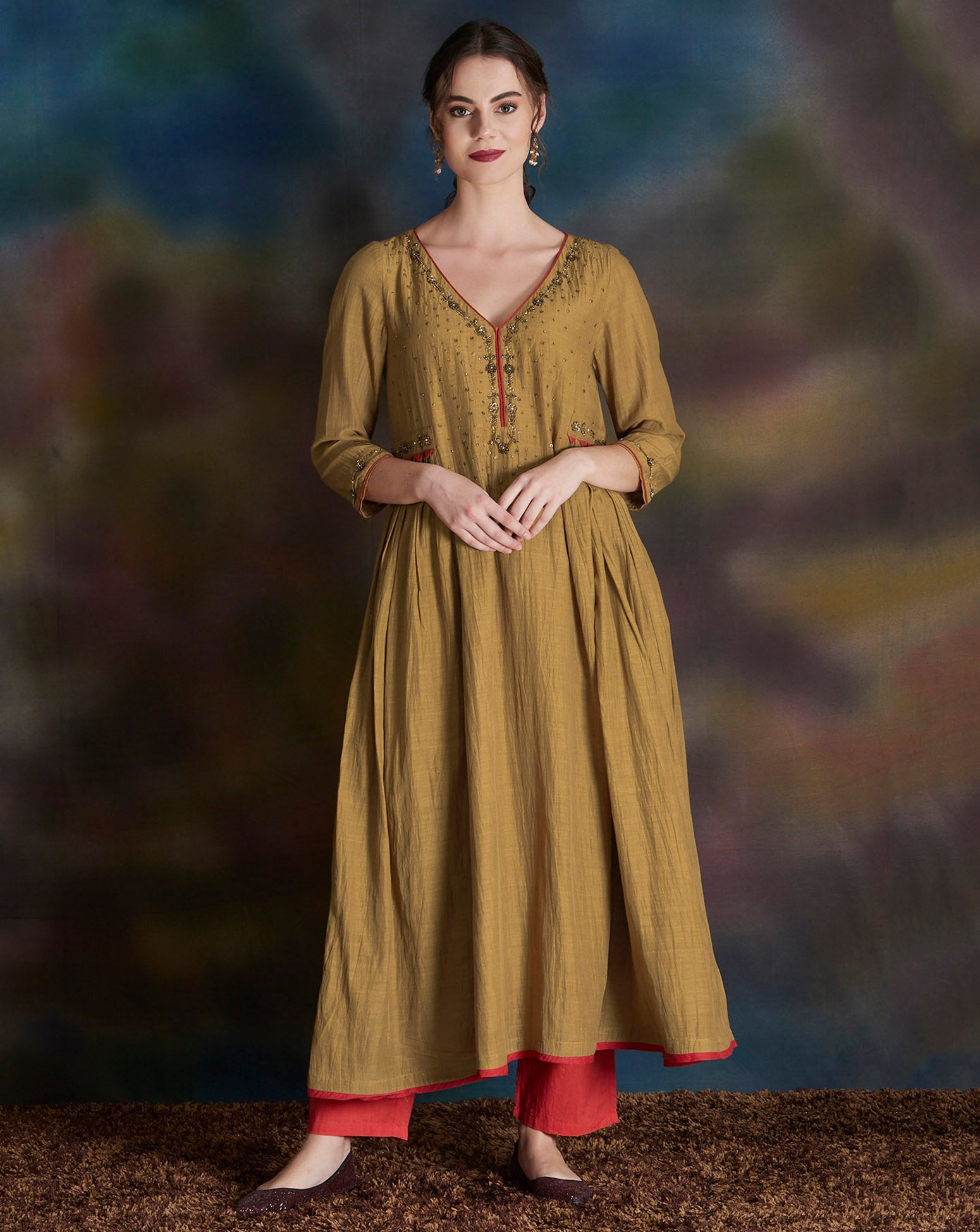 MUSTARD YELLOW EMBELLISHED COTTON SILK ANARKALI KURTA WITH CAMBRIC COTTON PANTS
