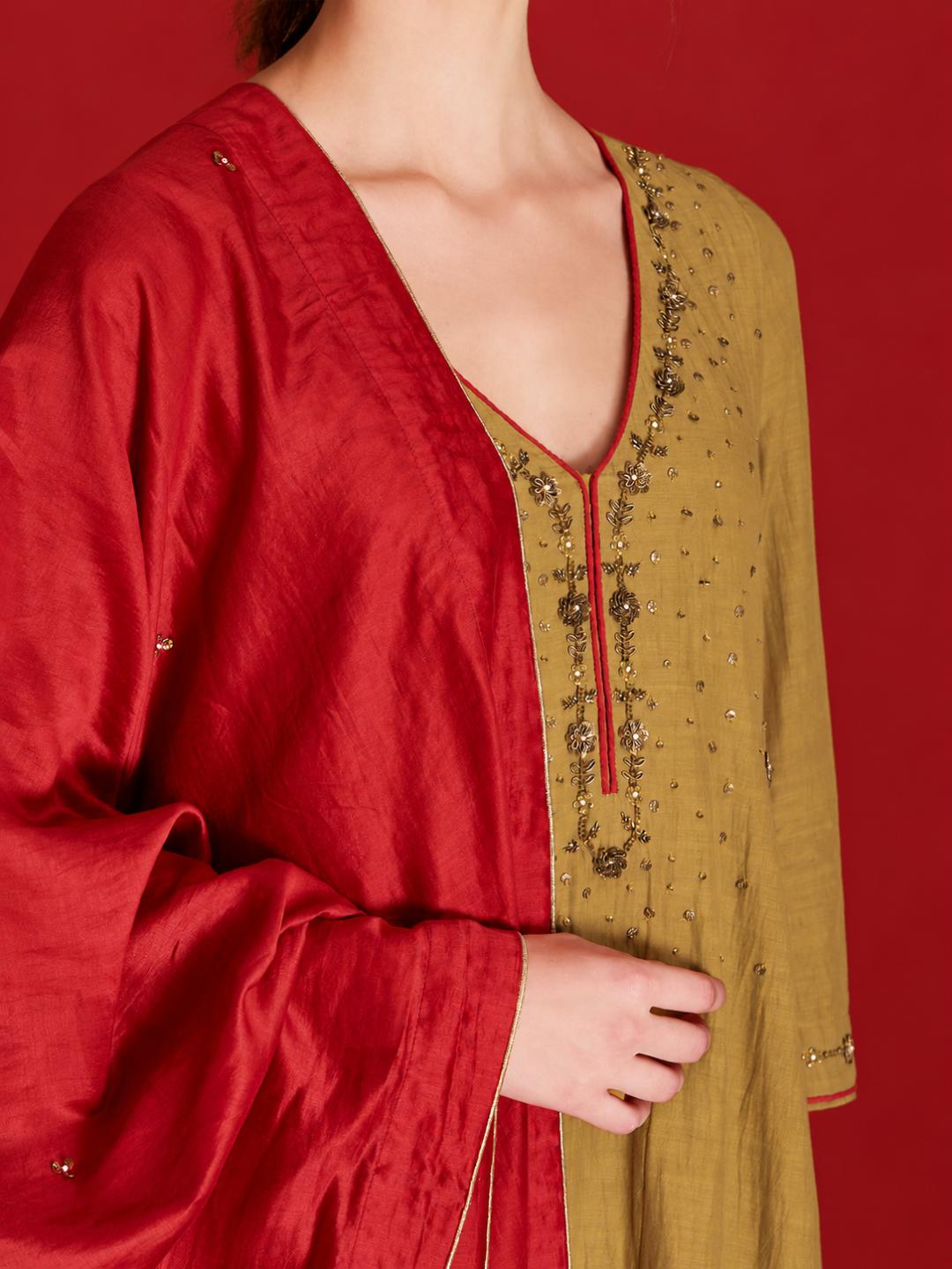 mustard-yellow-embellished-cotton-silk-anarkali-kurta-with-cambric-cotton-pants-dupatta