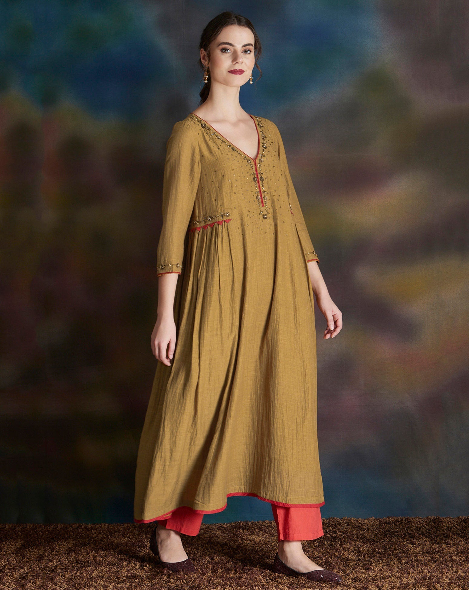 MUSTARD YELLOW EMBELLISHED COTTON SILK ANARKALI KURTA WITH CAMBRIC COTTON PANTS