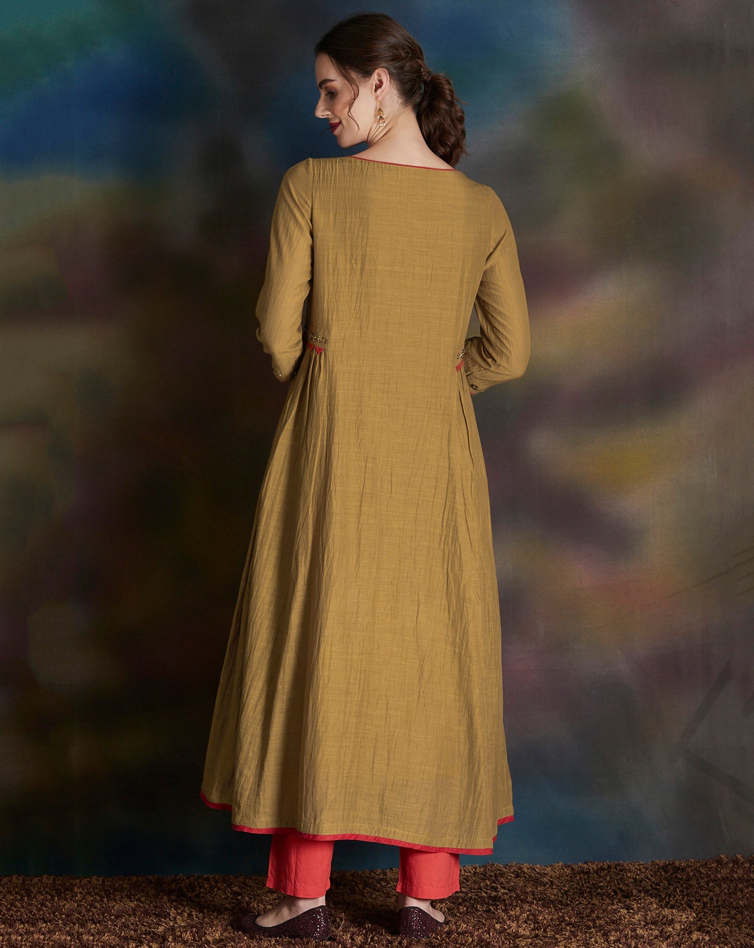 MUSTARD YELLOW EMBELLISHED COTTON SILK ANARKALI KURTA WITH CAMBRIC COTTON PANTS