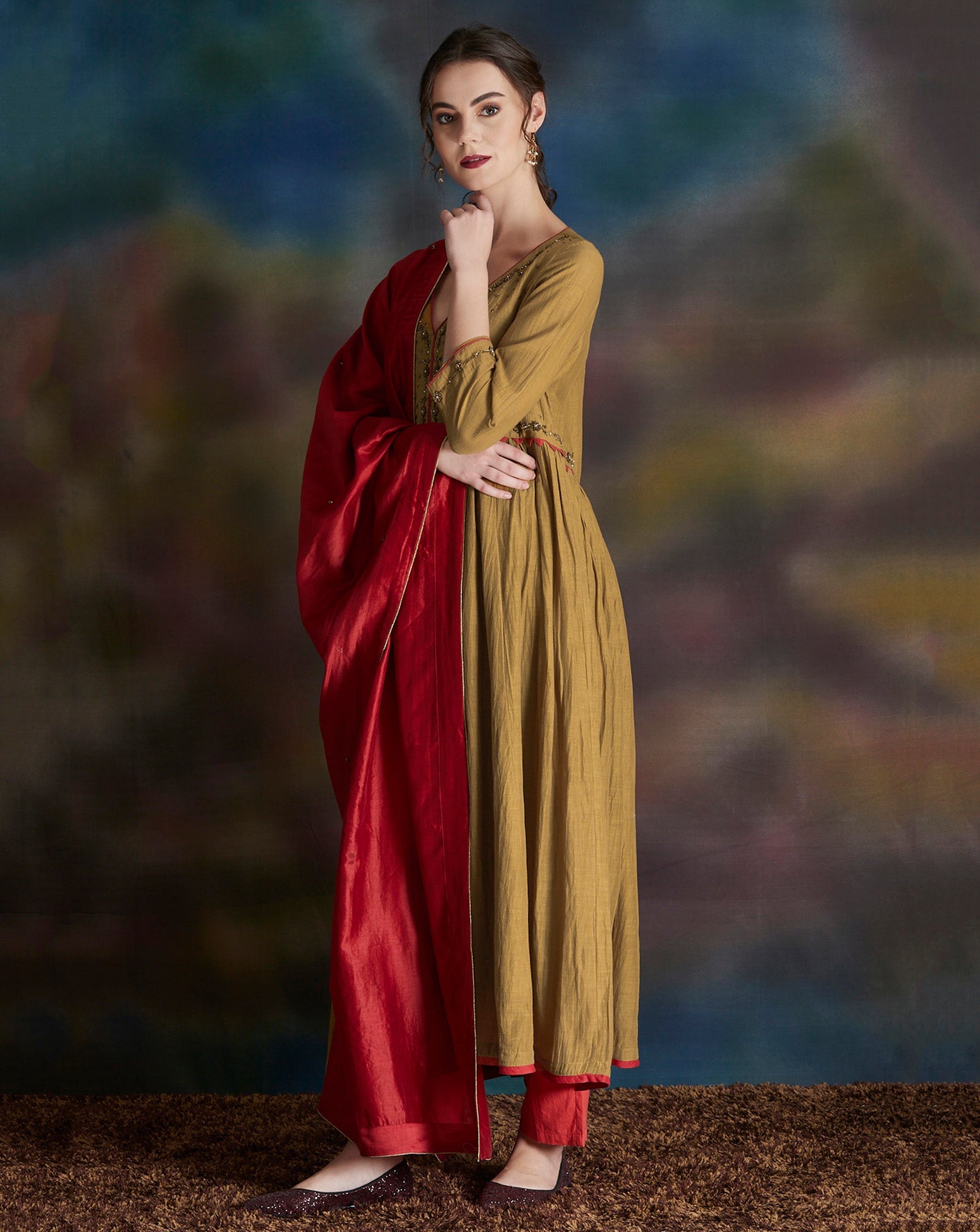 MUSTARD YELLOW EMBELLISHED COTTON SILK ANARKALI KURTA WITH CAMBRIC COTTON PANTS