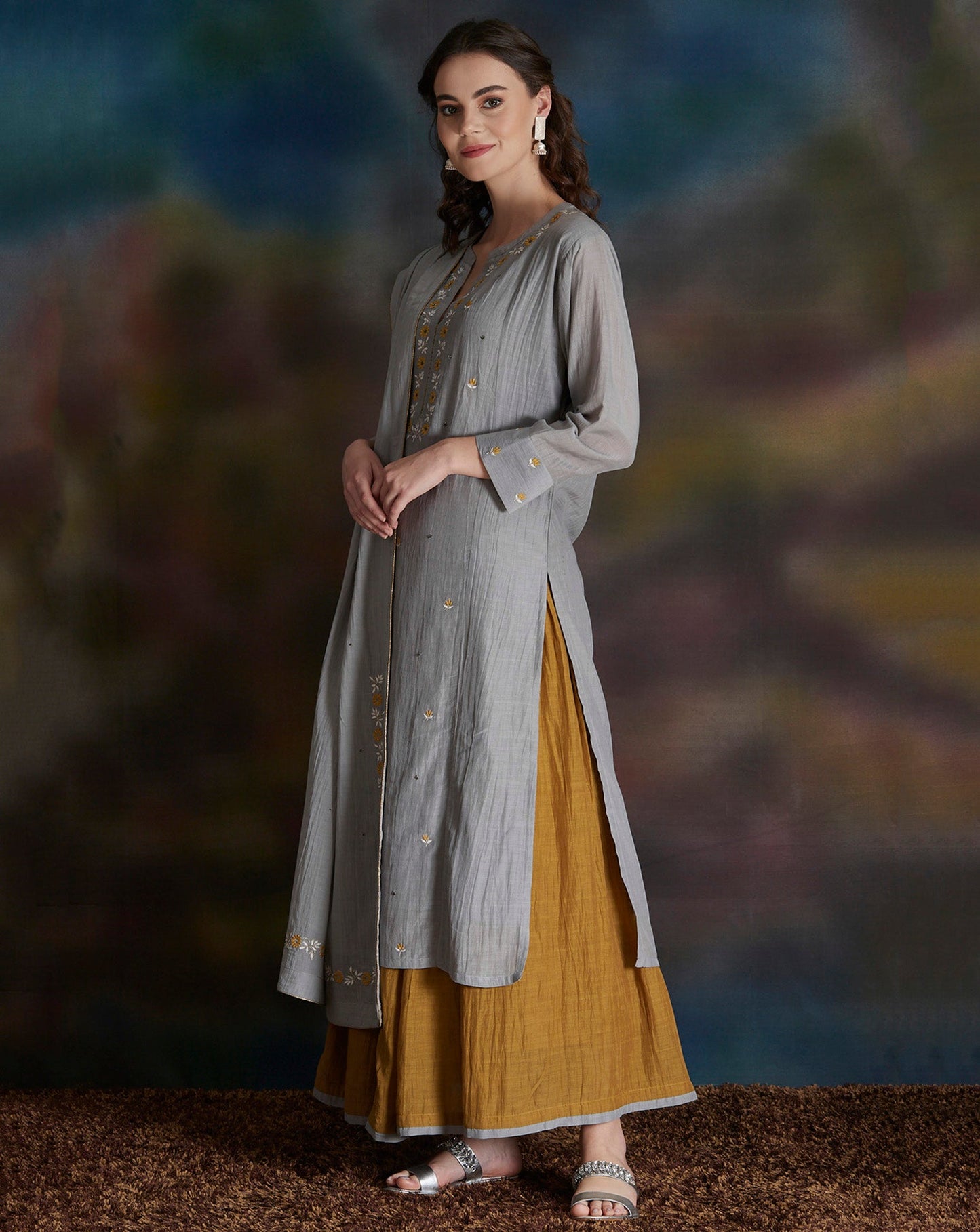 GREY EMBROIDERED COTTON SILK KURTA WITH OLIVE GREEN GATHERED SKIRT