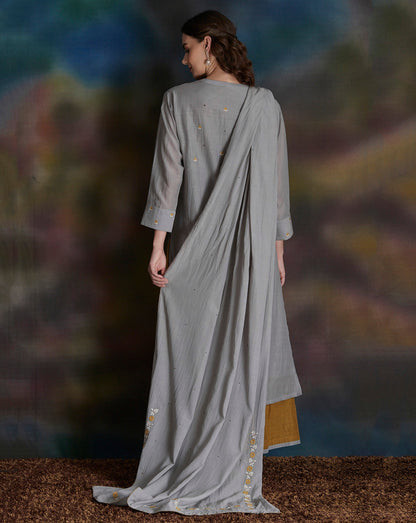 GREY EMBROIDERED COTTON SILK KURTA WITH OLIVE GREEN GATHERED SKIRT