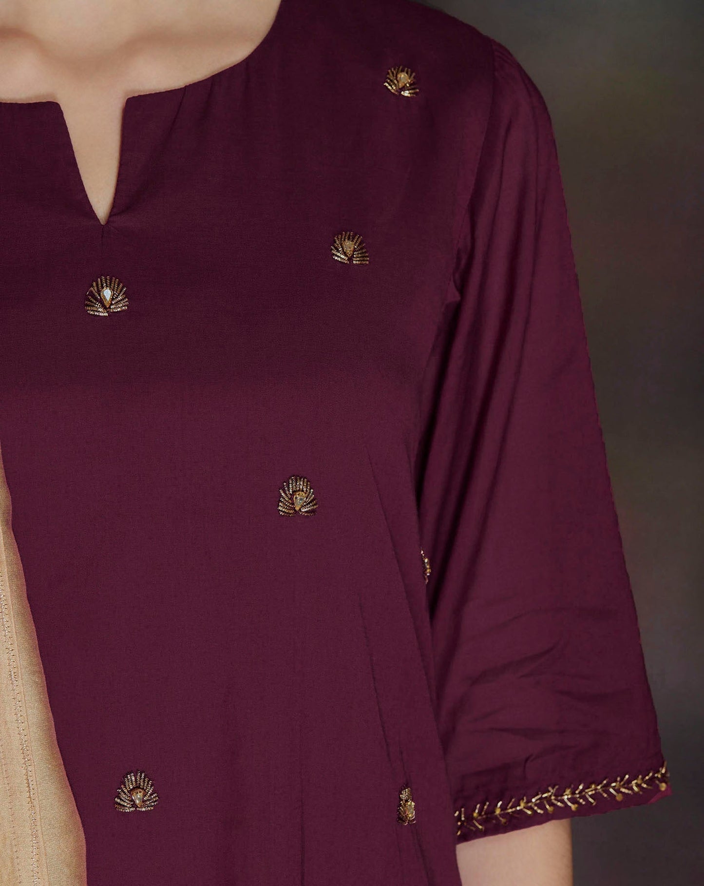 BURGUNDY EMBELLISHED COTTON SILK KURTA WITH PANTS