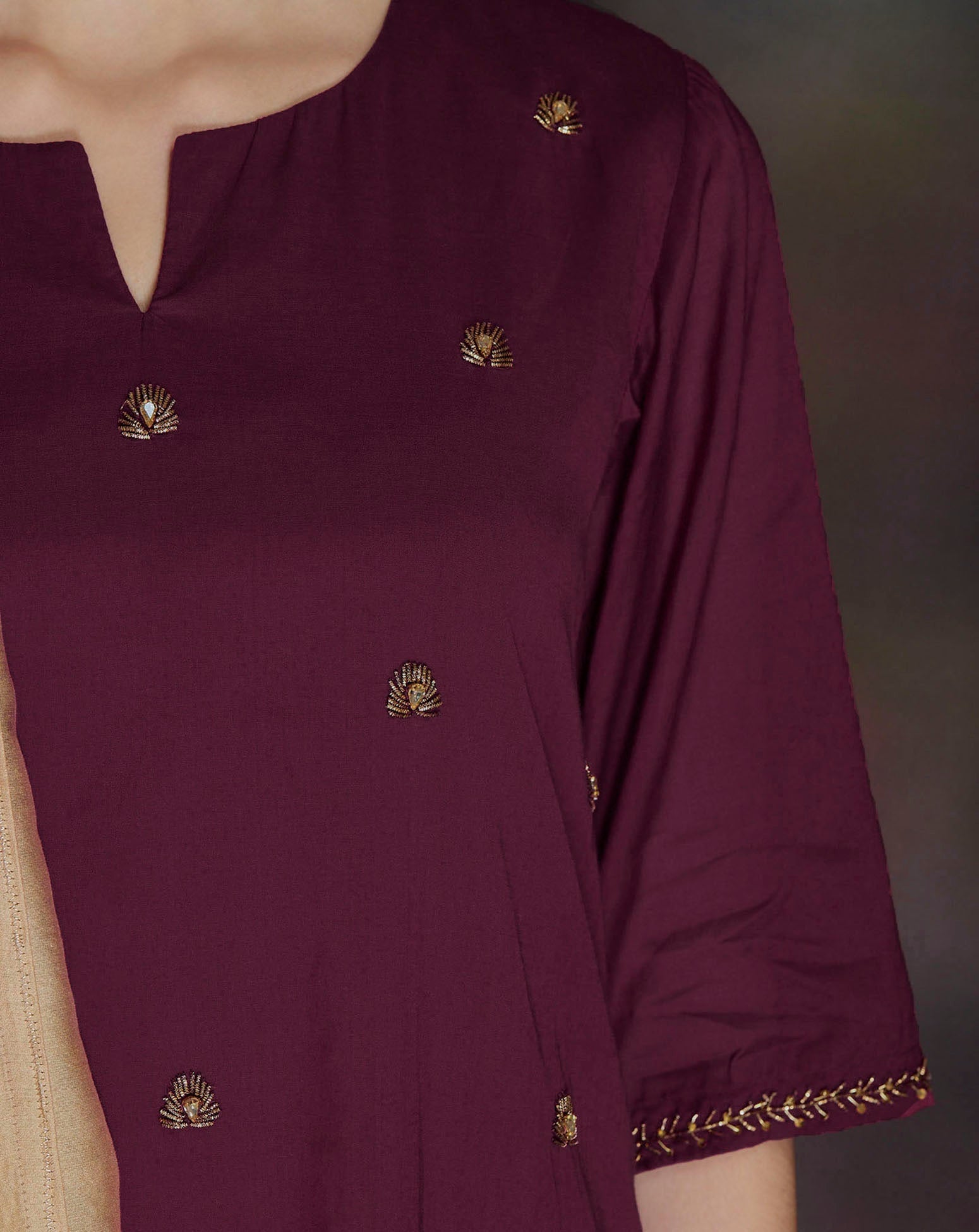 BURGUNDY EMBELLISHED COTTON SILK KURTA WITH PANTS