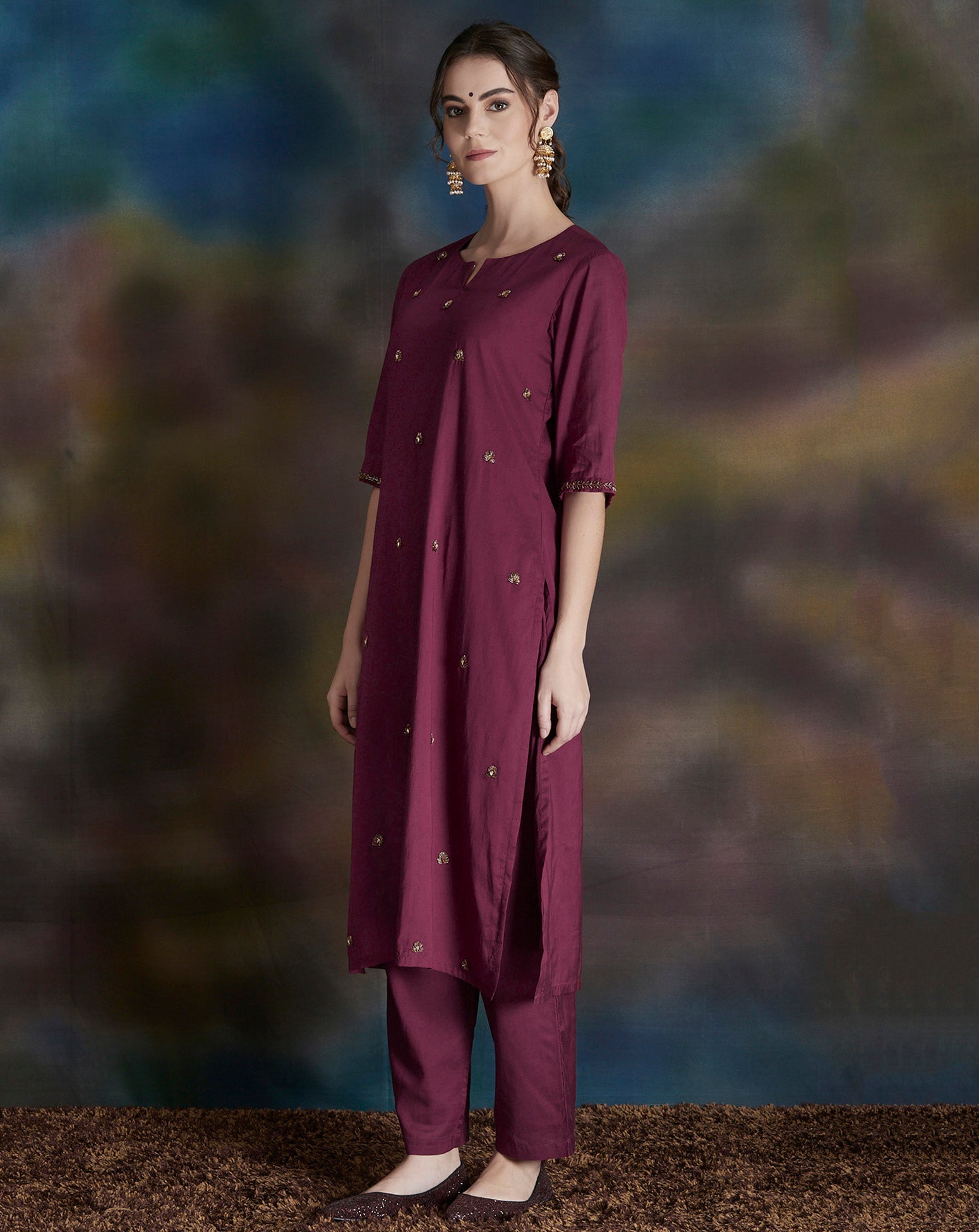 BURGUNDY EMBELLISHED COTTON SILK KURTA WITH PANTS