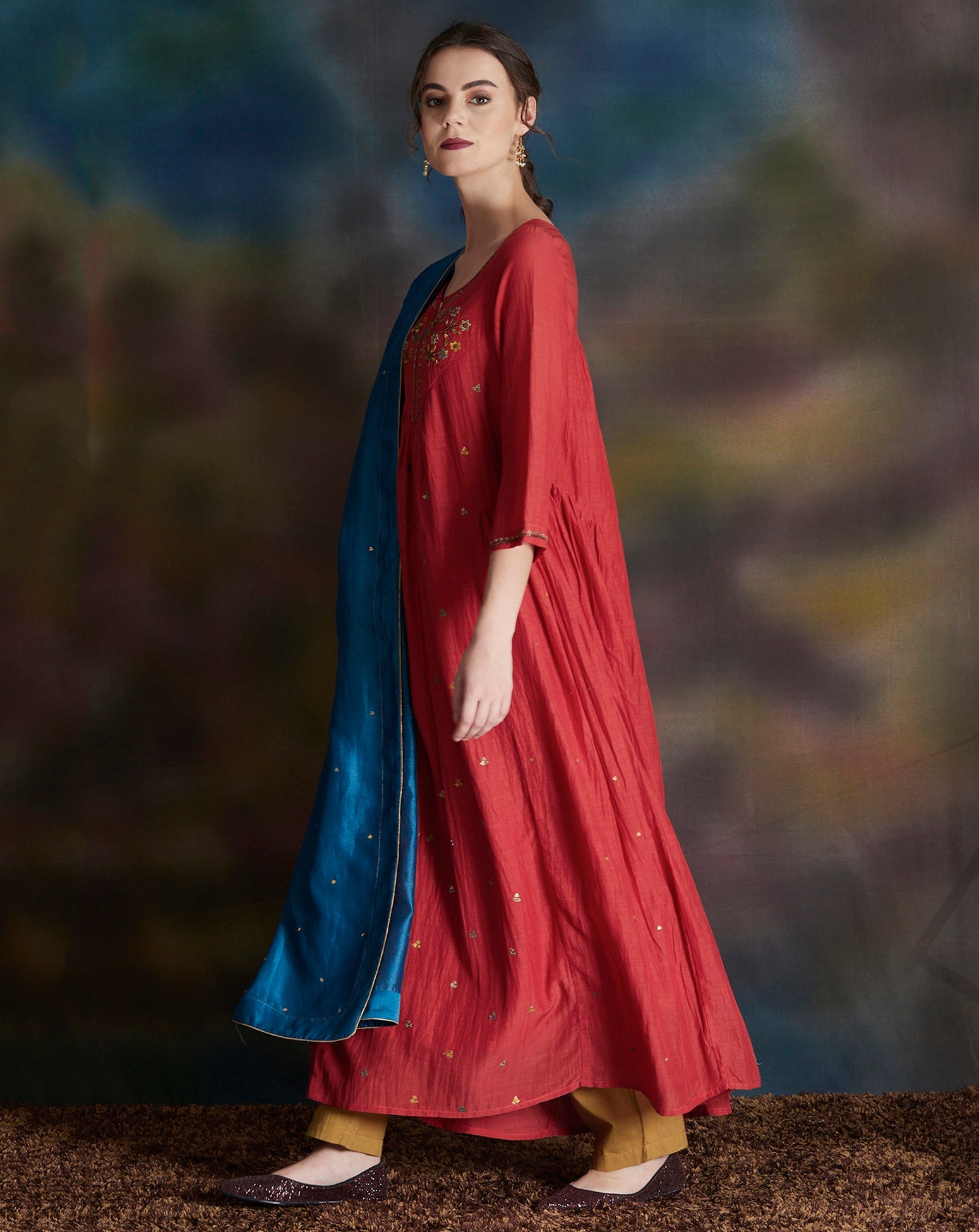 RUST EMBELLISHED COTTON SILK KURTA WITH MUSTARD YELLOW PANTS