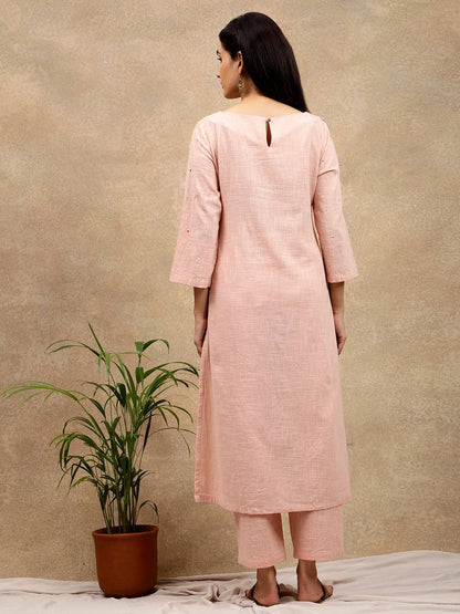 PINK COTTON SLUB FLORAL EMBROIDERED KURTA