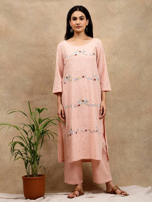 PINK COTTON SLUB FLORAL EMBROIDERED KURTA WITH PANTS