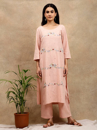 PINK COTTON SLUB FLORAL EMBROIDERED KURTA