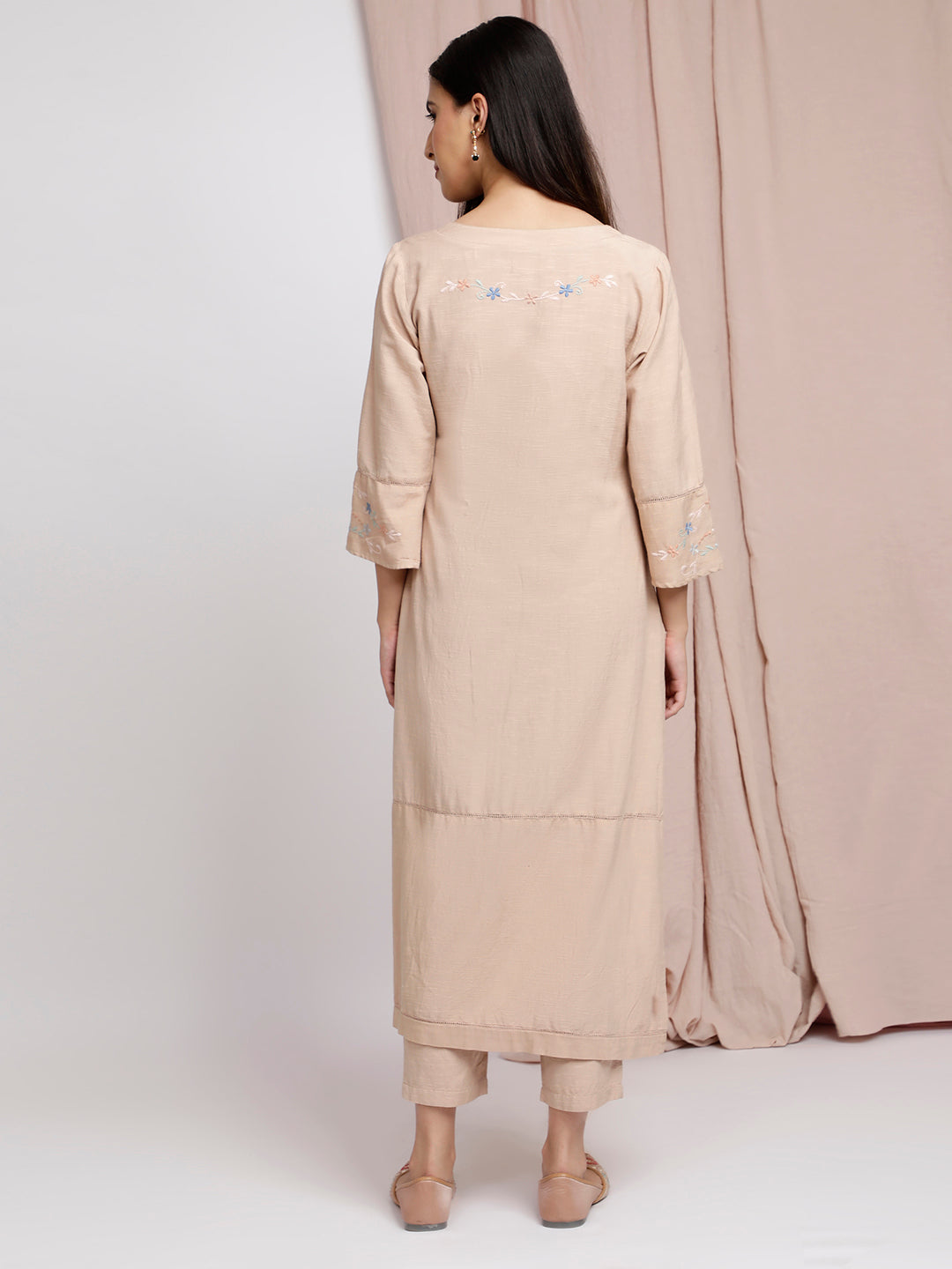 BEIGE EMBROIDERED LINEN KURTA WITH PANTS