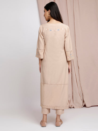 BEIGE EMBROIDERED LINEN KURTA WITH PANTS