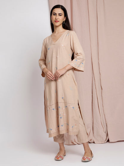 BEIGE EMBROIDERED LINEN KURTA WITH PANTS