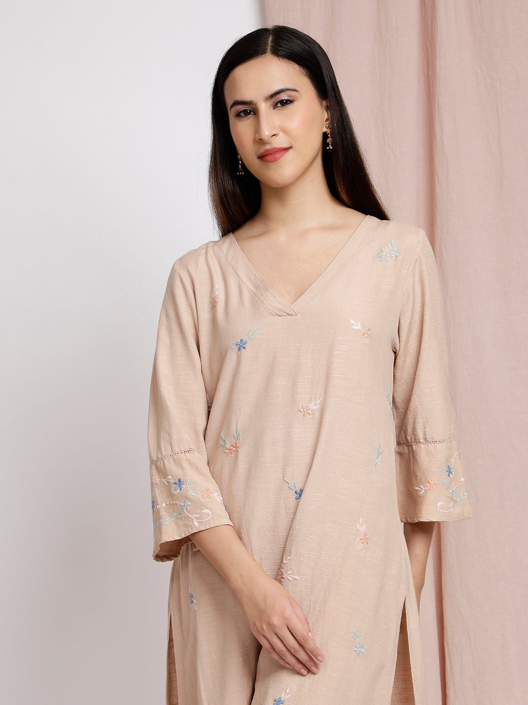 BEIGE EMBROIDERED LINEN KURTA WITH PANTS
