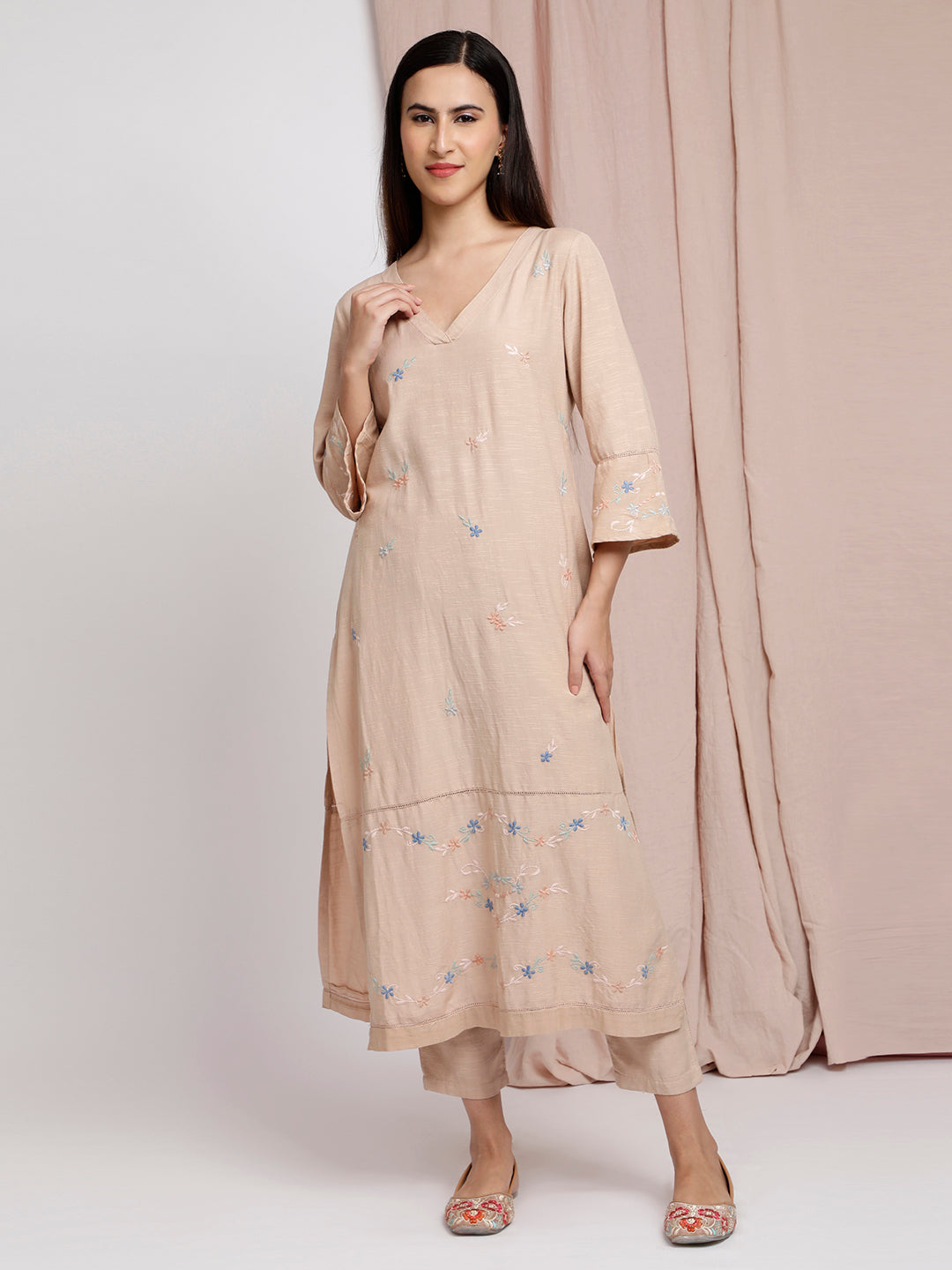 BEIGE EMBROIDERED LINEN KURTA WITH PANTS