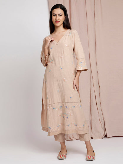 BEIGE EMBROIDERED LINEN KURTA