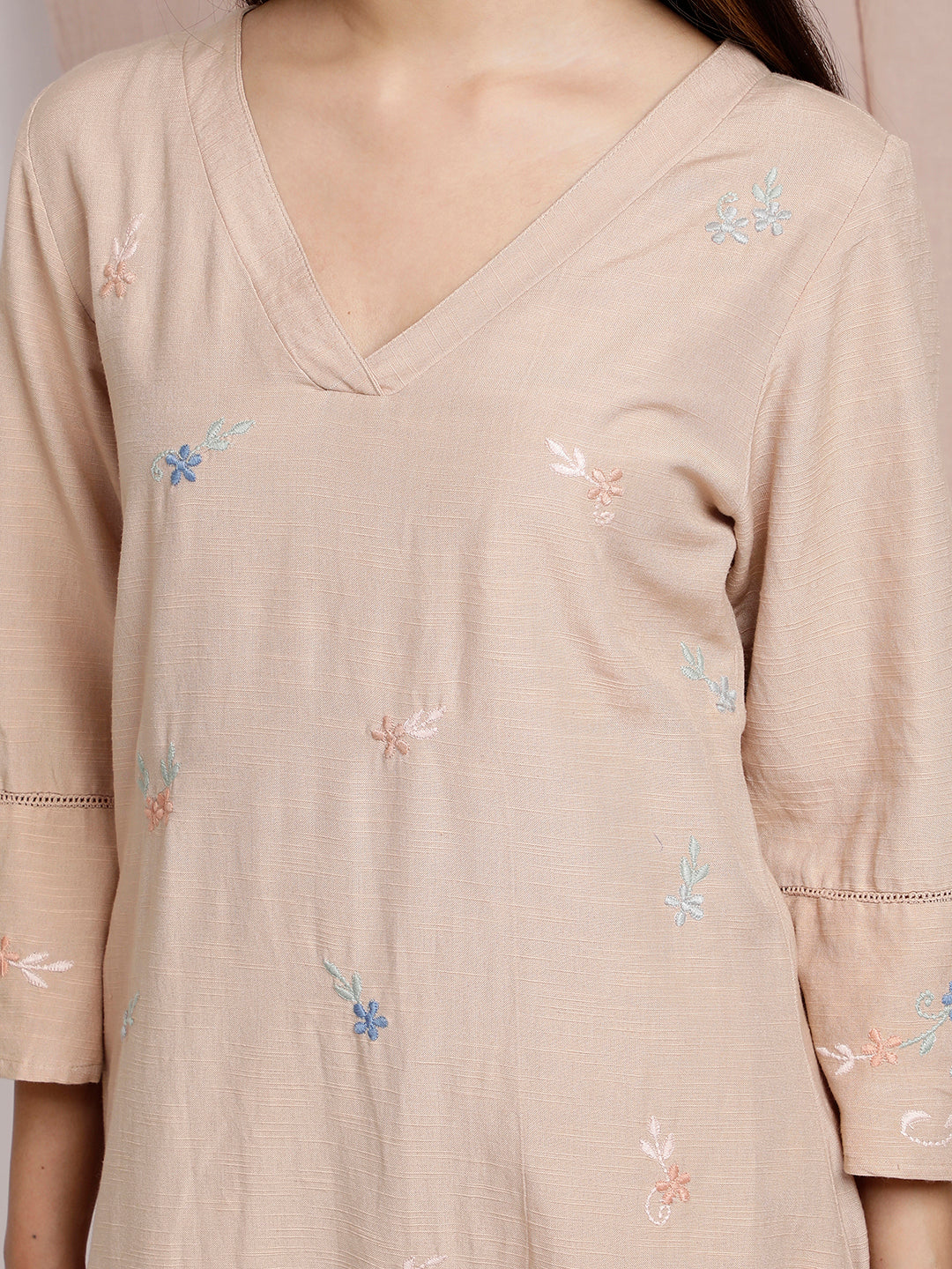 BEIGE EMBROIDERED LINEN KURTA WITH PANTS