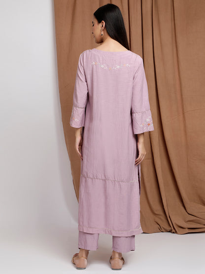 MAUVE EMBROIDERED LINEN KURTA WITH PANTS