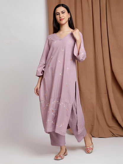 MAUVE EMBROIDERED LINEN KURTA WITH PANTS