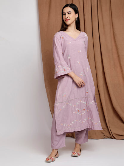 MAUVE EMBROIDERED LINEN KURTA