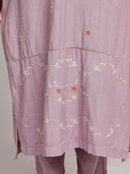 MAUVE EMBROIDERED LINEN KURTA WITH PANTS