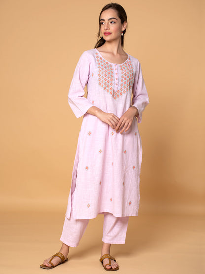 PINK COTTON DOBBY PLEATED KURTA WITH PANTS