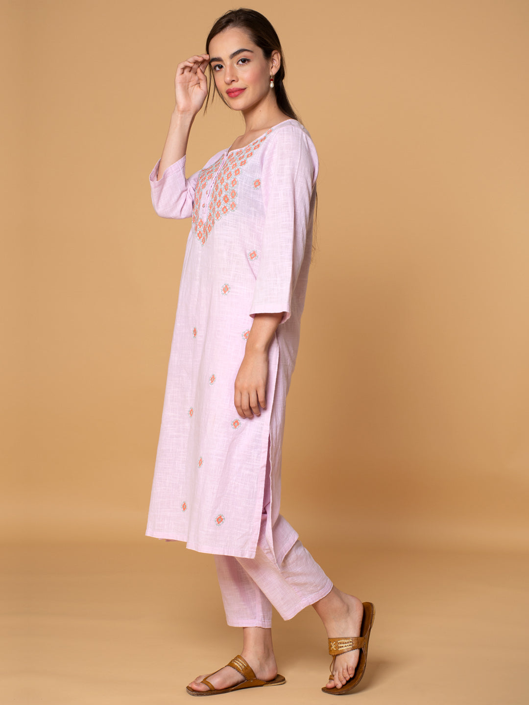 PINK COTTON DOBBY PLEATED KURTA WITH PANTS