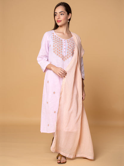 PINK COTTON DOBBY PLEATED KURTA WITH PANTS