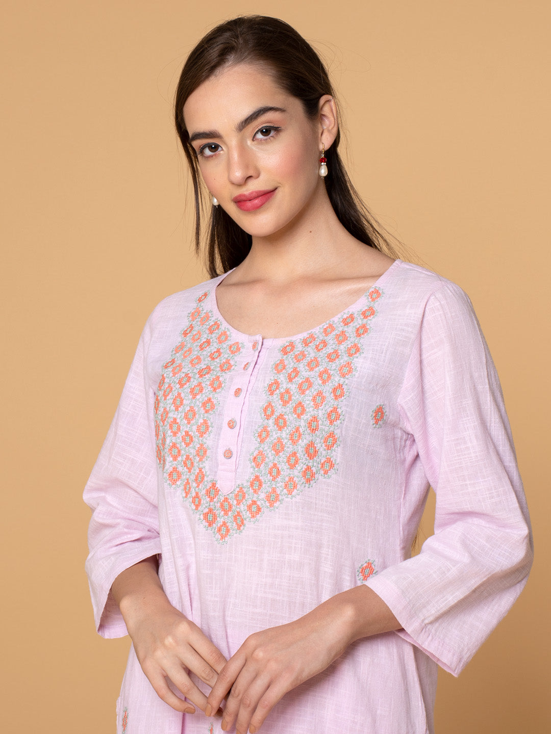 PINK COTTON DOBBY PLEATED KURTA WITH PANTS