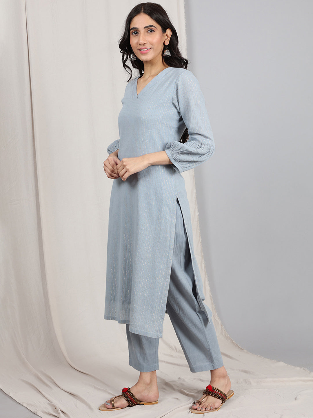 SKY BLUE STRIPED COTTON KURTA WITH PANTS