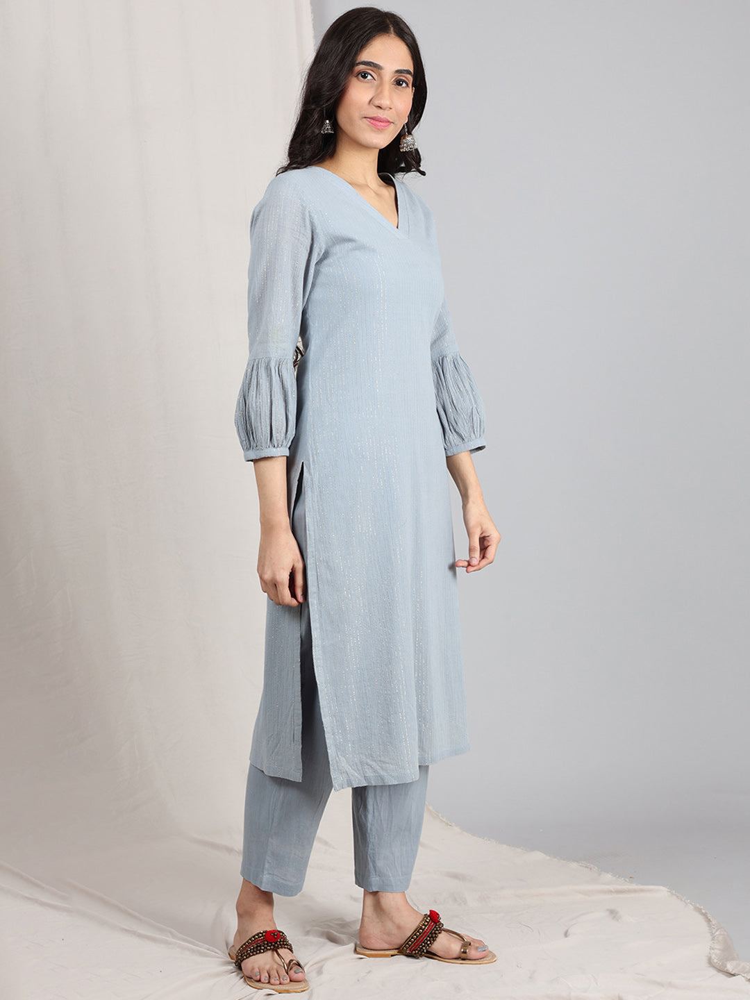 SKY BLUE STRIPED COTTON KURTA WITH PANTS