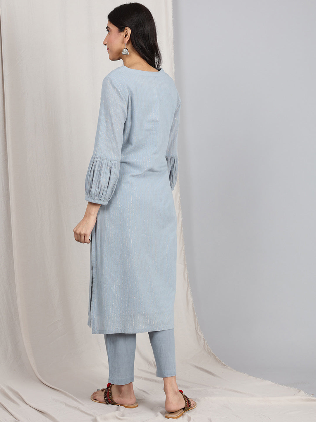 SKY BLUE STRIPED COTTON KURTA WITH PANTS