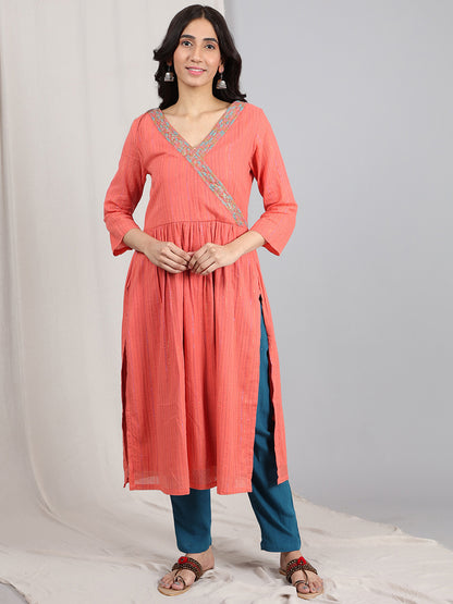 CORAL EMBROIDERED COTTON LUREX GATHERED KURTA WITH BLUE LINEN PANTS